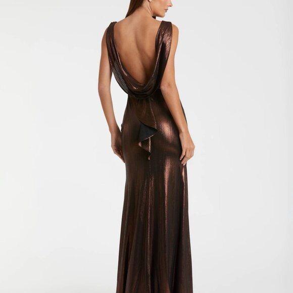 Brown Metallic Jersey Cowl Back Evening Gown - Picture 1 of 13